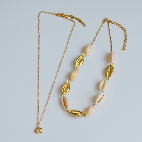 Gold Plated Cowrie Seashell Necklace Choker Set - Picture 2 of 8